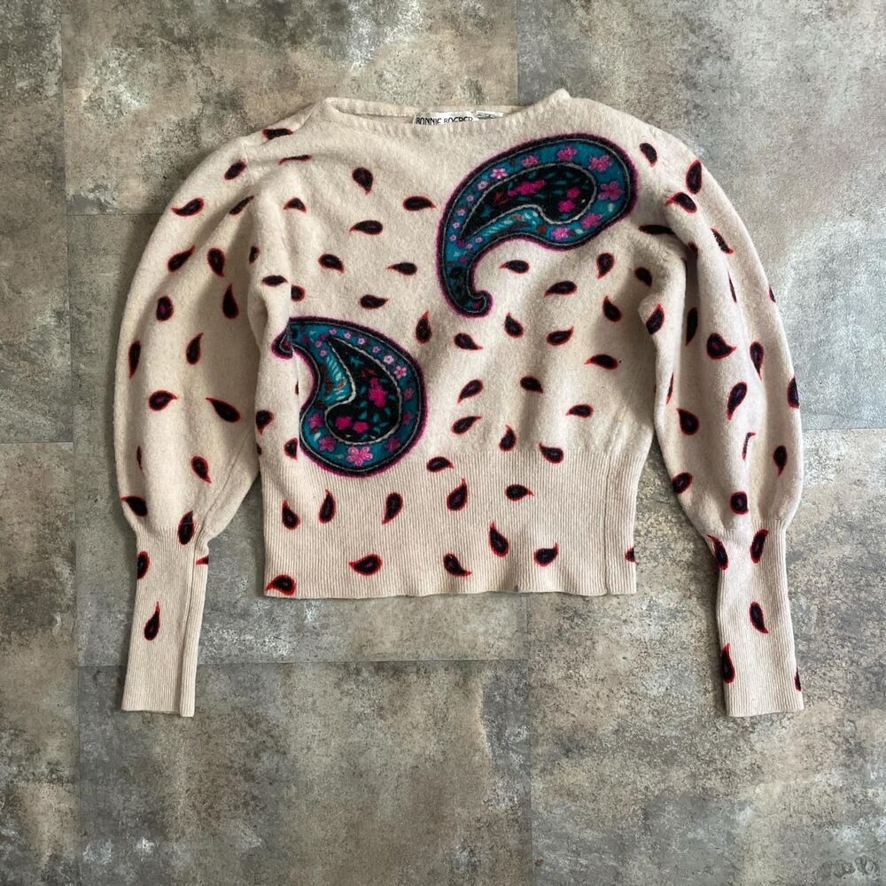 bonnie boerer vintage blue paisley 100% wool cream colored sweater size xs - Picture 2 of 8